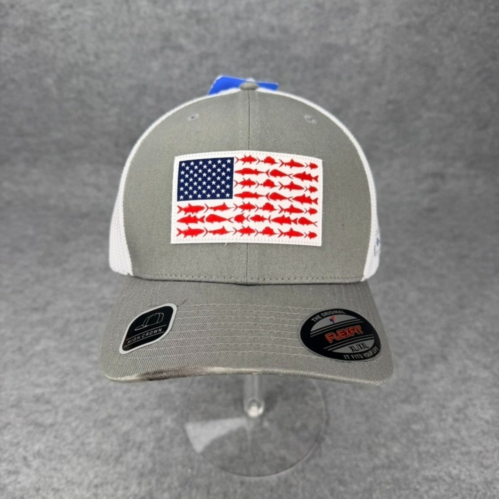 Columbia PFG Mesh Ball Cap XXL Gray White American Flag Fish Flexfit NWT Defect
